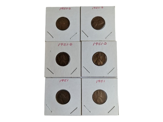 Lot of 6 Lincoln Wheat Pennies - 1950-1951 Various Mints