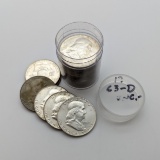 Full Tube of 20 1963-D Uncirculated Franklin Silver Half Dollars