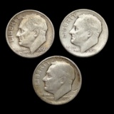 Lot of 3 Roosevelt Dimes - 1951, 1952-S, 1953 - 90% Silver