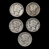 Lot of 5 Mercury Dimes - 1939-1943 - 90% Silver