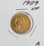 1909 $5 Gold Indian Head Coin 1/4 oz pre -33 Gold