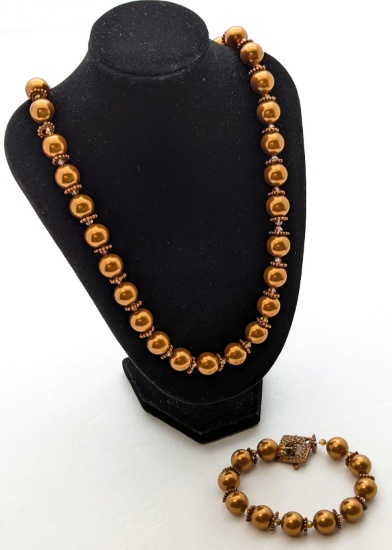 Lot of Matching Copper tone Beaded Ladies Necklace & Bracelet Set