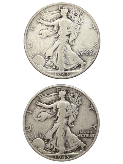 Lot of 2 Silver Walking Liberty Half Dollars - 1943, 1943-S