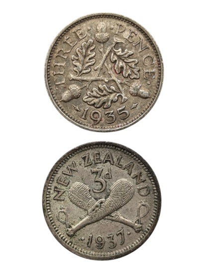 Lot of 2 Silver Foreign Three Pence Coins - UK & New Zealand
