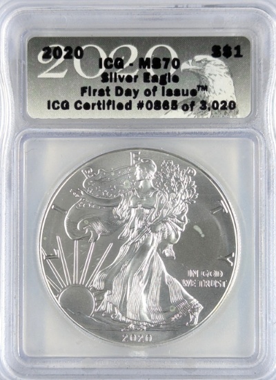 ICG 2020 MS70 American Silver Eagle Dollar - First Day of Issue