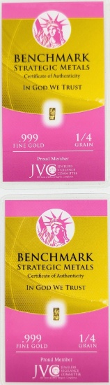 Lot of 2 - 1/4 grain (each) .999 Fine Gold - Benchmark Strategic Metals
