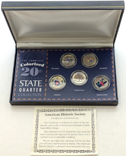 US Mint The Complete Colorized 20th Century State Quarter Collection w/ COA - 5 Quarters!