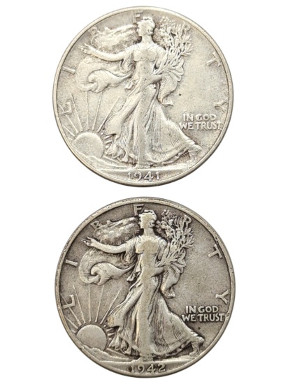 Lot of 2 Silver Walking Liberty Half Dollars - 1941, 1942