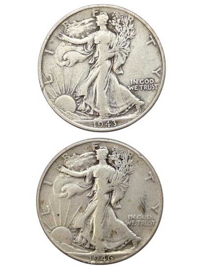 Lot of 2 Silver Walking Liberty Half Dollars - 1943, 1946