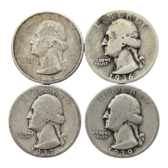 Lot of 4 Silver Washington Quarters - 1935-1939
