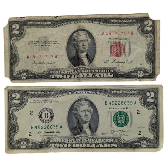 Lot of 2 $2 Notes - 1953 Red Seal & 2013 Green Seal