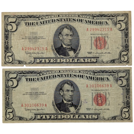 Lot of 2 - 1963 $5 Notes - Red Seals