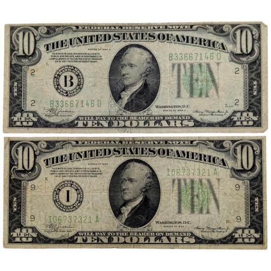 Lot of 2 - 1934/1934-A $10 Notes - Green Seals - 2 Different Shades!