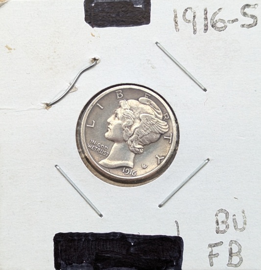 FEATURE 1916-S Silver Mercury Dime Full Bell Lines - AU