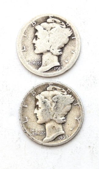 Lot of 2 Silver Mercury Dimes - 1917 and 1939D