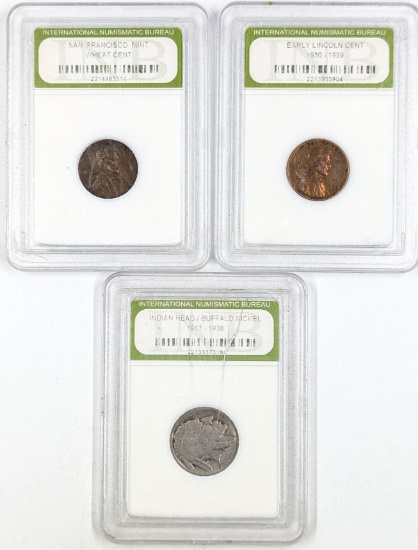 Lot of 3 Slabs - Wheat Cent, Lincoln Cent, Buffalo Nickel