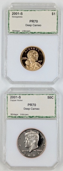 Lot of 2 Proof 70 Deep Cameo 2001-S Slabs - Sacagawea Dollar & JFK Half