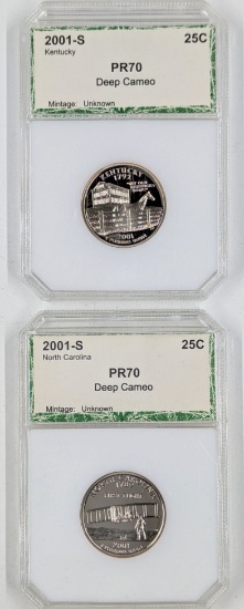 Lot of 2 Proof 70 Deep Cameo 2001-S State Quarters - Kentucky & North Carolina