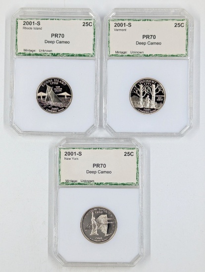 Lot of 3 Proof 70 Deep Cameo 2001-S State Quarters - Rhode Island, Vermont, New York