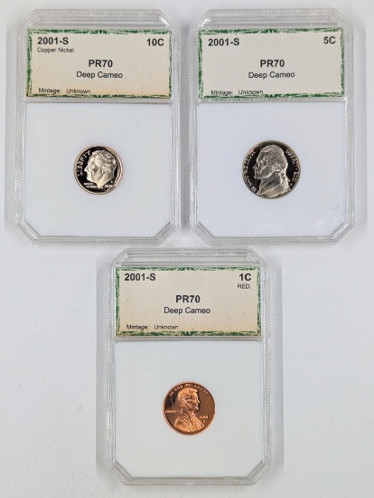 Lot of 3 Proof 70 Deep Cameo 2001-S Slabs - Rosey Dime, Jefferson Nickel, Lincoln Cent