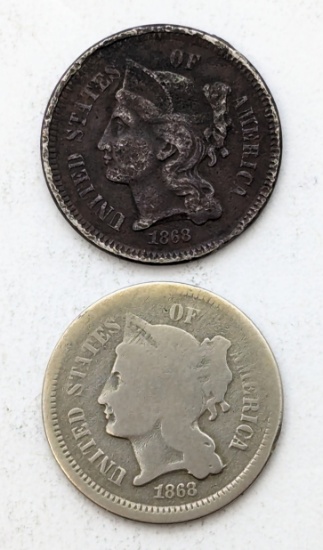 Lot of 2 - 1868 Three Cent Nickels