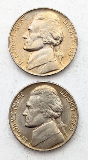 Lot of 2 Jefferson Nickels - 1959, 1960 - Toned