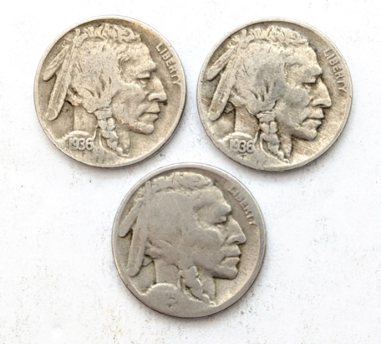 Lot of 3 Buffalo Head Nickels - 1936-D, 1936 & Partial date
