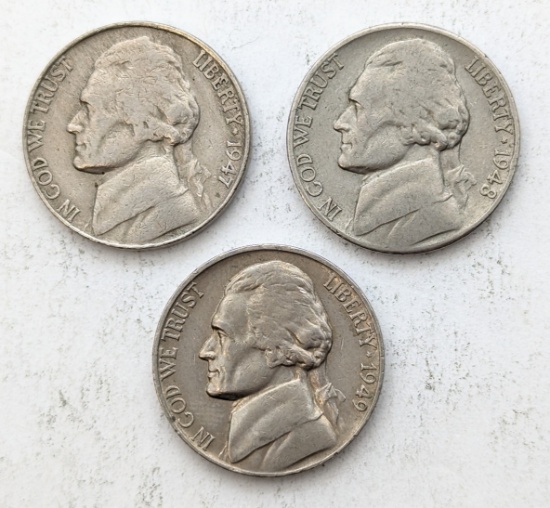 Lot of 3 Jefferson Nickels - 1947-S, 1948-S, 1949-S