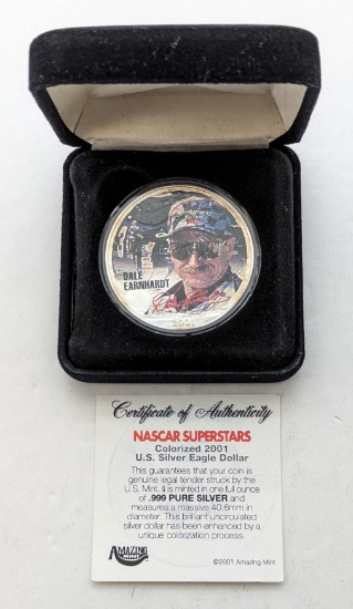 Nascar Earnhardt Colorized 2001 American Silver Eagle in Original box and Hard Case w/COA
