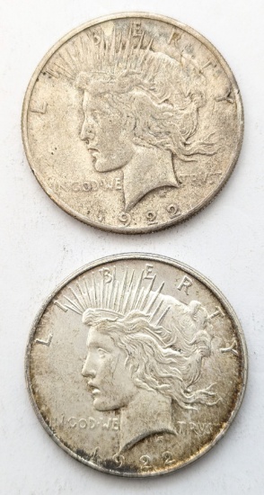 Lot of 2 Silver Peace Dollars 1922-S and 1922-D