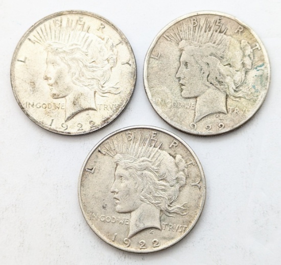 Lot of 3 Silver Peace Dollars 1922, 1922-S, and 1922