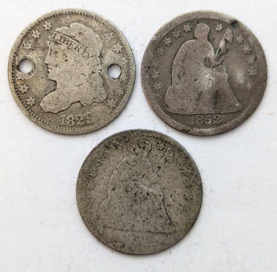 Lot of 3 Silver Half Dimes - 1829 Capped Bust & 1852/No date Seated Liberty