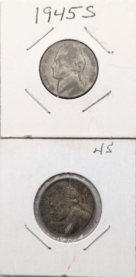 Lot of 2 Jefferson Silver War Nickels - 1945-S, 1945