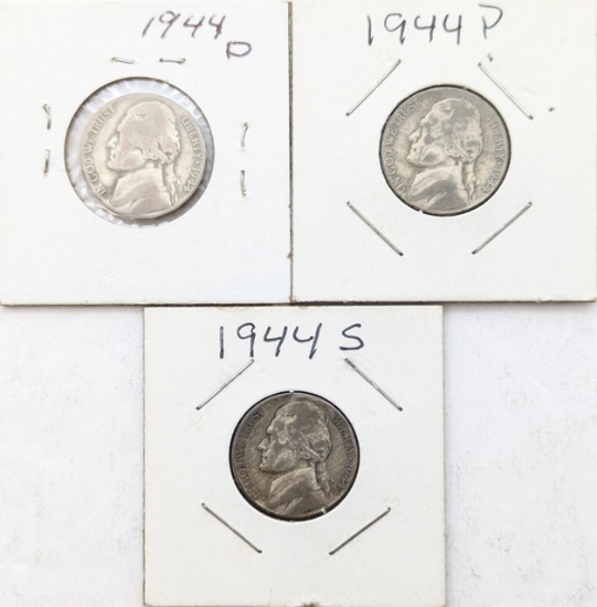 Lot of 3 Jefferson Silver War Nickels - 1944 P/D/S