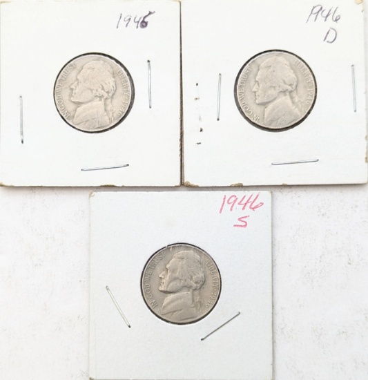 Lot of 3 Jefferson Nickels - 1946 P/D/S
