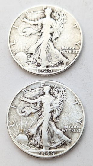Lot of 2 Silver Walking Liberty Half Dollars - 1940, 1944