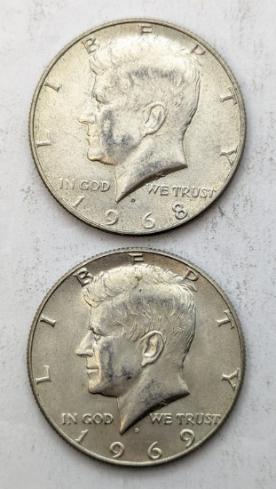 Lot of 2 Silver John F Kennedy Half Dollars - 1968-D, 1969-D