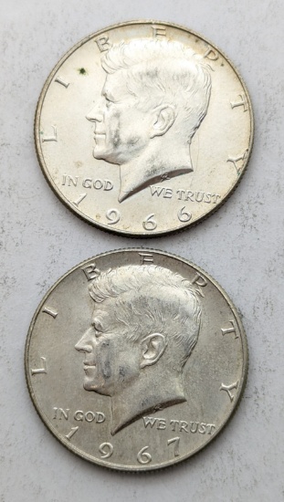 Lot of 2 Silver John F Kennedy Half Dollars - 1966, 1967