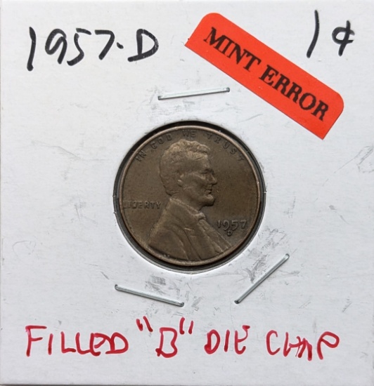 ERROR 1957-D Lincoln Wheat Cent - Filled B Die Chip