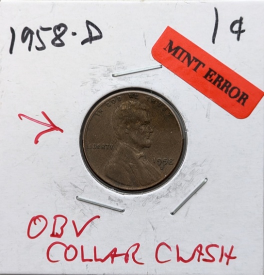 ERROR 1958-D Lincoln Wheat Cent - OBV Collar Clash