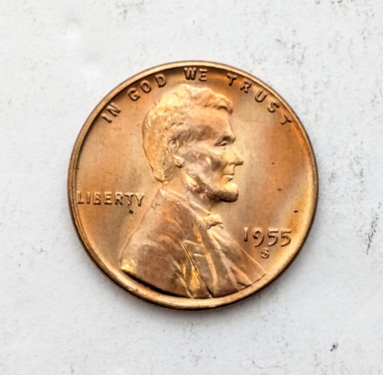 FEATURE Tiger Striped Toned 1955-S Lincoln Wheat Cent MS