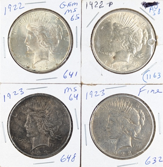 Lot of 4 Silver Peace Dollars - 1922(2), 1923(2)