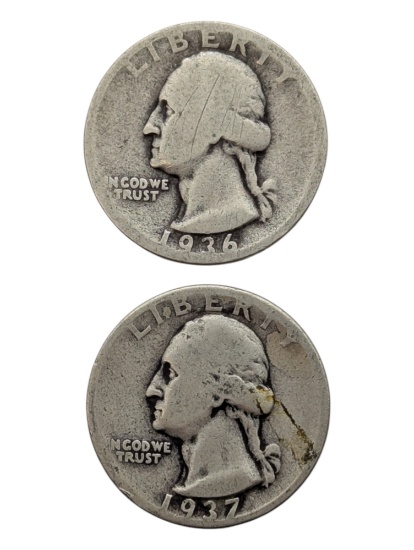Lot of 2 Silver Washington Quarters - 1936, 1937