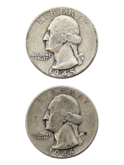 Lot of 2 Silver Washington Quarters - 1945, 1946