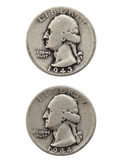 Lot of 2 Silver Washington Quarters - 1943, 1944