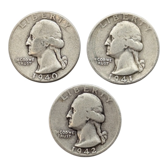 Lot of 3 Silver Washington Quarters - 1940, 1941, 1942-D
