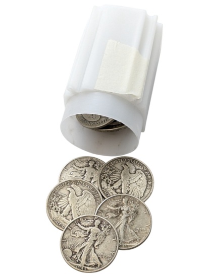 Tube of 20, 1945 Silver Walking Liberty Half Dollars