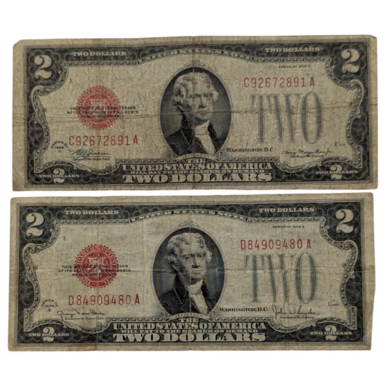 Lot of 2 - 1928-D $2 Notes - Red Seals