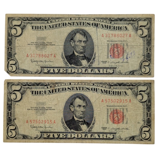 Lot of 2 - 1963 $5 Notes - Red Seals