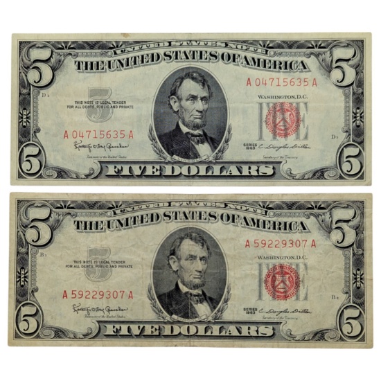 Lot of 2 - 1963 $5 Notes - Red Seals